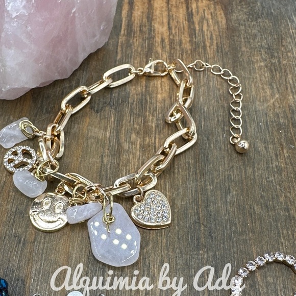 Pink Quartz gold adjustable charms bracelet/healing crystal for Scorpio - Picture 1 of 4